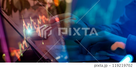 Investment, trade, stock, finance and analysis concept. Business graph charts of financial board display candlestick double exposure Investment, trade, stock, finance and analysis concept. Business graph charts of financial board display candlestick double exposure 119219702