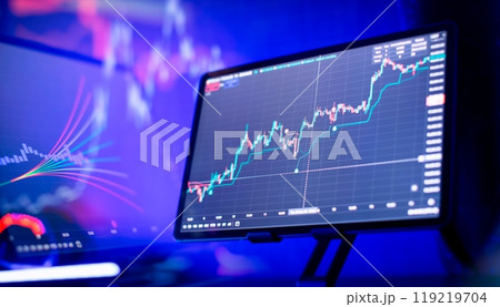 Technical analysis on the monitor of a computer. Fundamental and investment Technical analysis on the monitor of a computer. Fundamental and investment 119219704