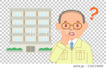 疑問を持つ作業服を着たシニア男性とマンション 119219880