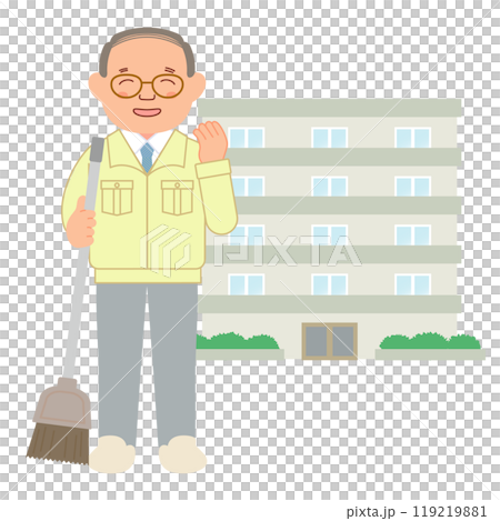 作業着を着て清掃するマンション管理人 119219881