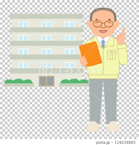 一位經理穿著工作服站在公寓前 119219883