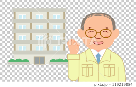 作業服を着てガッツポーズするシニア男性とマンション 119219884