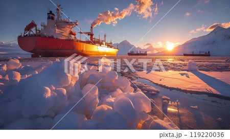 View from below of large icebreaker standing among blocks of ice against the background of snow-covered northern mountain ranges. 119220036