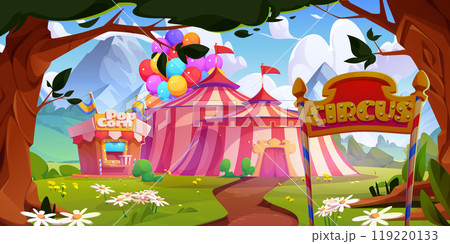 Circus tent and popcorn stall in park 119220133