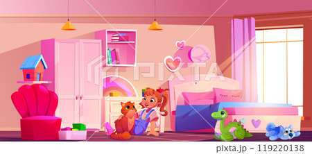 Kid girl with cat in Pink bedroom interior cartoon Kid girl with cat in Pink bedroom interior cartoon 119220138