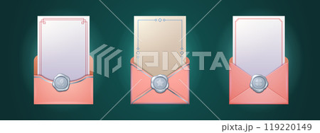 Set of open pink envelopes with blank letters Set of open pink envelopes with blank letters 119220149