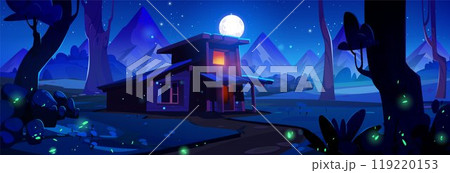 House in night mountain forest game background 119220153