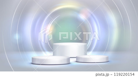 White cylinder podium with light neon circle White cylinder podium with light neon circle 119220154