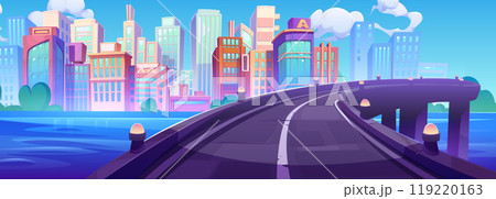 Bridge with road over river leading to modern city Bridge with road over river leading to modern city 119220163