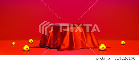Red reveal cloth podium. Unveil fabric cover box Red reveal cloth podium. Unveil fabric cover box 119220170