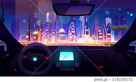 Futuristic cityscape view from inside car Futuristic cityscape view from inside car 119220172