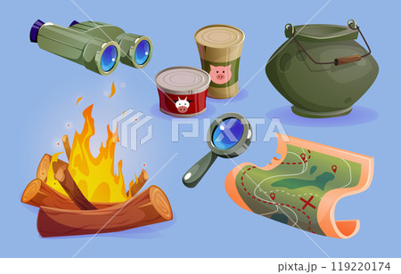Camp equipment icon and summer adventure hike set Camp equipment icon and summer adventure hike set 119220174