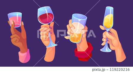 Hands holding glass with alcohol drinks. 119220216