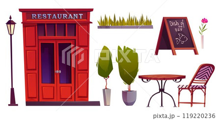 Cartoon restaurant exterior elements set. 119220236