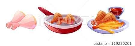 Cooking process of chicken legs frying on grill 119220261