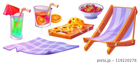 Cute food and accessories for outdoor picnic 119220278