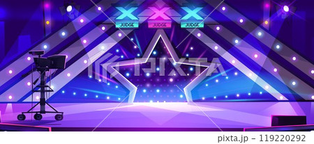Talent show stage with camera and spotlights Talent show stage with camera and spotlights 119220292