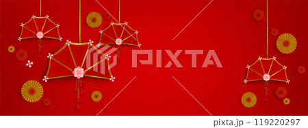 Red Chinese background with paper fan and flowers. Red Chinese background with paper fan and flowers. 119220297