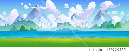 Summer landscape with river or lake at mountains. 119220325