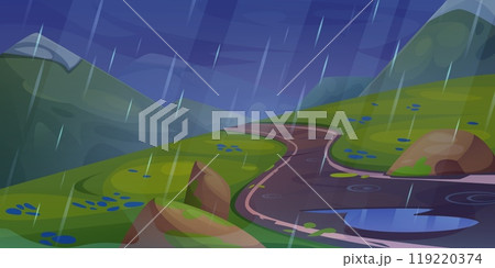 Rainy mountain road scene and water puddle cartoon 119220374