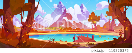 Autumn landscape with wooden pier on lake 119220375