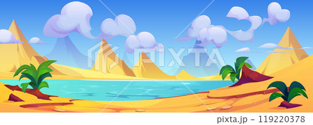 Desert landscape with dunes and lake. Desert landscape with dunes and lake. 119220378