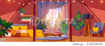 Cozy wooden cabin attic bedroom interior Cozy wooden cabin attic bedroom interior 119220430