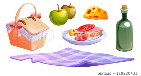 Picnic hamper basket with food, fruit and wine 119220433
