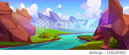 River flowing in rocky canyon valley 119220463