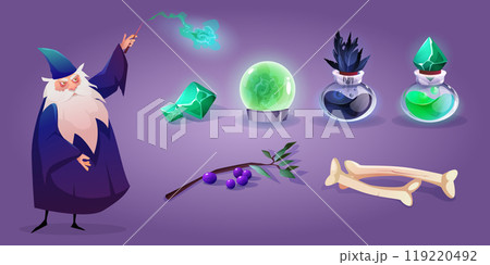 Old wizard and set of magic assets 119220492