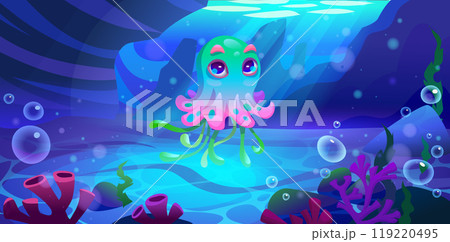 Octopus character swimming in sea water 119220495