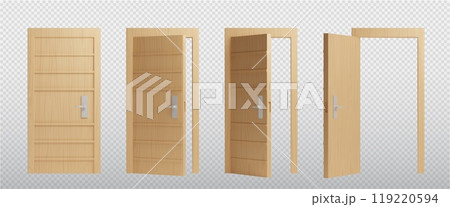 Closed, ajar and open wooden front door. Closed, ajar and open wooden front door. 119220594