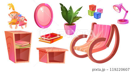 Pink kid girl room interior and furniture cartoon 119220607