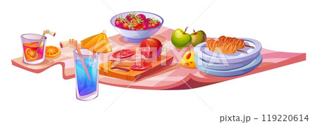 Spring picnic food on blanket for park lunch scene 119220614