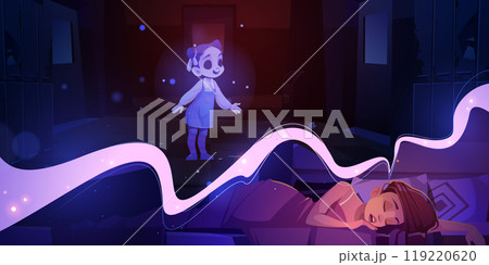 Woman bad sleep with nightmare dream in bed vector Woman bad sleep with nightmare dream in bed vector 119220620