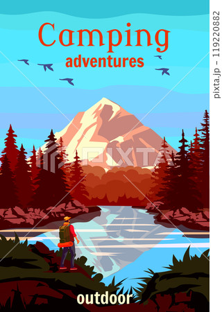 Travel poster mountain autumn adventure trekking 119220882