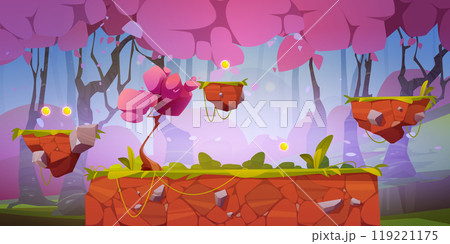 Pink forest game background, floating platforms 119221175