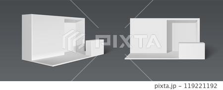 White booth stand with platform for goods display. White booth stand with platform for goods display. 119221192