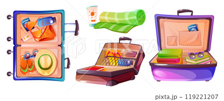 Open travel suitcase for summer vacation trip Open travel suitcase for summer vacation trip 119221207