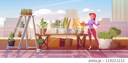 Woman watering plants in rooftop garden 119221212