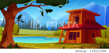 Wooden house near lake in mountain valley Wooden house near lake in mountain valley 119221266