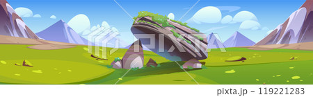 Sky, rock and green grass field in mountain scene Sky, rock and green grass field in mountain scene 119221283