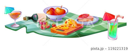 Food served on picnic blanket isolated on white 119221319