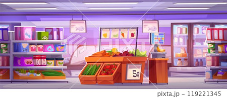 Supermarket interior with grocery products Supermarket interior with grocery products 119221345