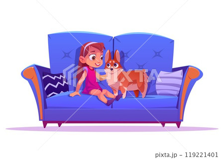 Happy girl child with dog pet on couch cartoon Happy girl child with dog pet on couch cartoon 119221401