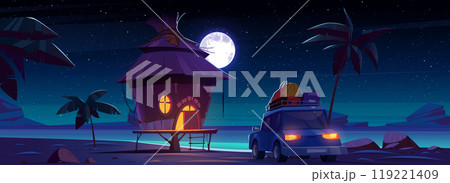 Car travel to beach house for vacation at night 119221409