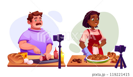 Male and female bloggers cooking food on camera Male and female bloggers cooking food on camera 119221415