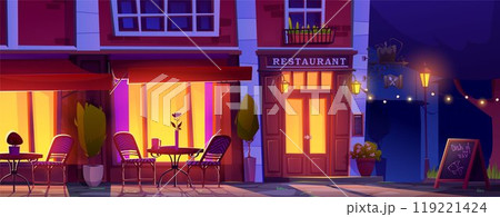 Cartoon restaurant outside eating area at night. Cartoon restaurant outside eating area at night. 119221424