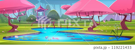 Japanese city park with pink sakura trees and pond 119221433