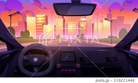 View from inside of car on city during sunset 119221448